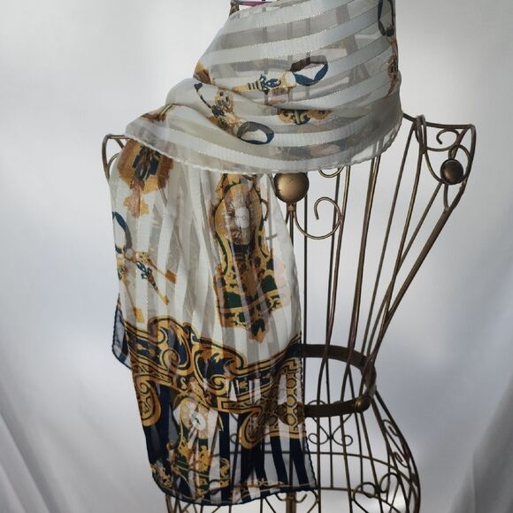 Vintage Liz Claiborne Clock Keys Scarf With Metallic Gold Thread - Picture 1 of 9